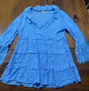 Reba Boho Lace Tiered Babydoll Belle Long Sleeve V Neck Tunic Blouse Size Medium